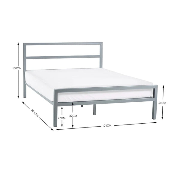 Silver metal bed frame with dimensions on a white background