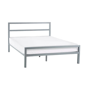 Silver metal bed frame with white mattress on a white background