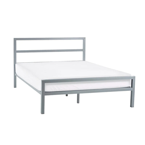 Silver metal bed frame with white mattress on a white background