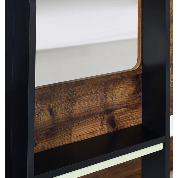 Wooden shelf with black frame and glass panel