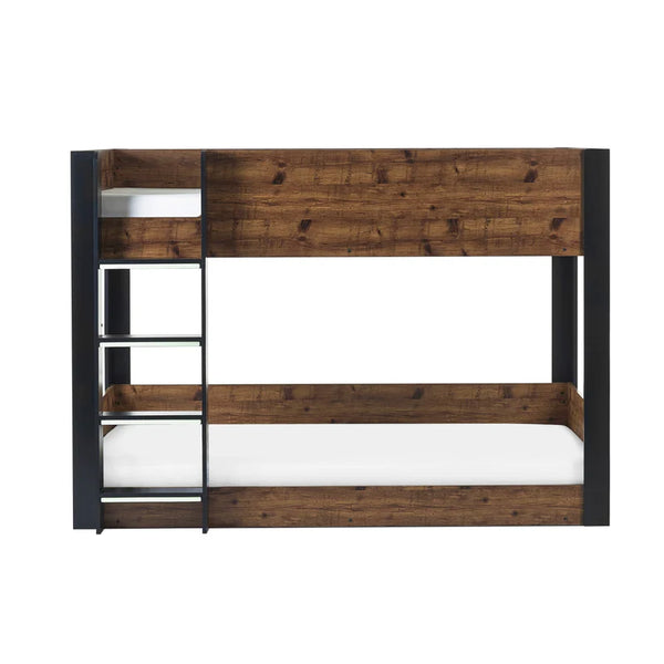 Wooden bunk bed with white mattress on a white background