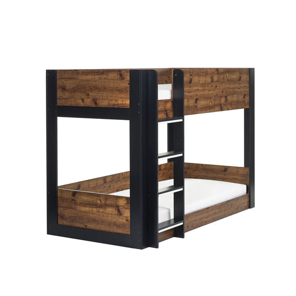 Wooden bunk bed with black metal frame on a white background