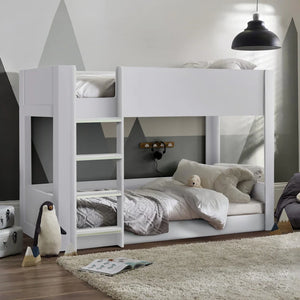 White bunk bed with shelves in a room setting