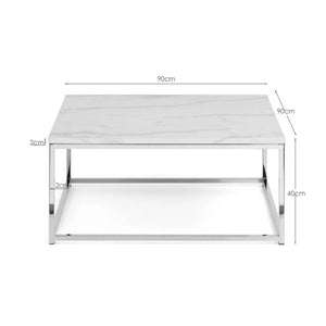 White coffee table with dimensions labeled on a white background