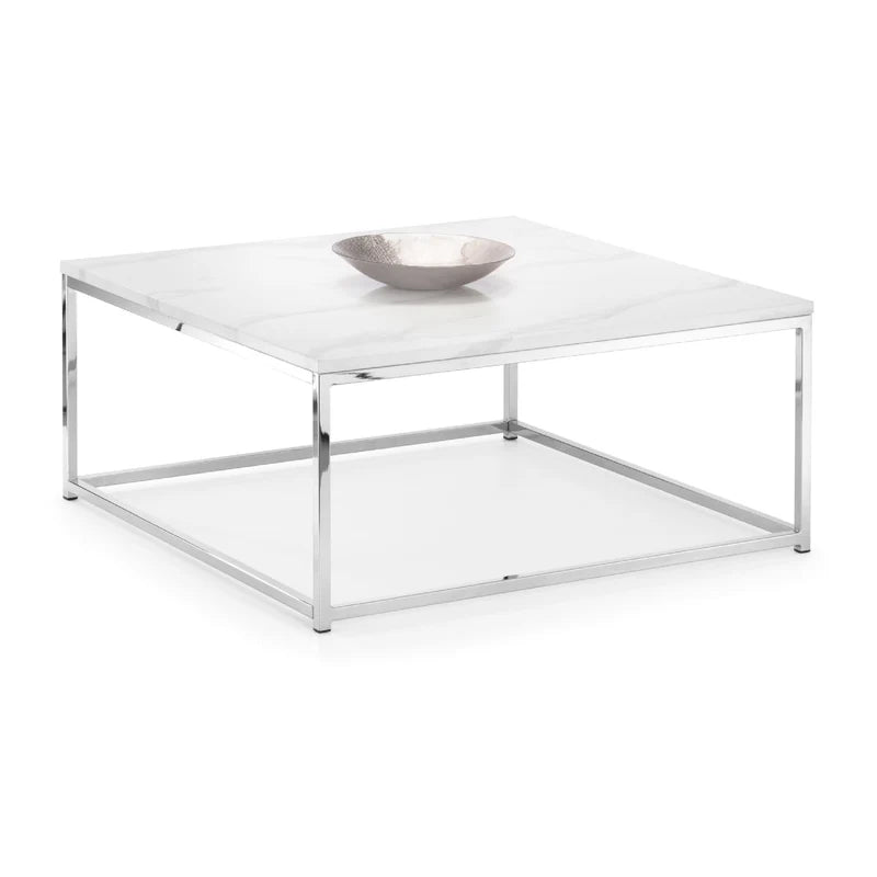 Square white marble coffee table with metal frame on a white background