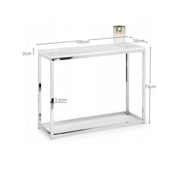 white marble console table with dimensions labeled on a white background