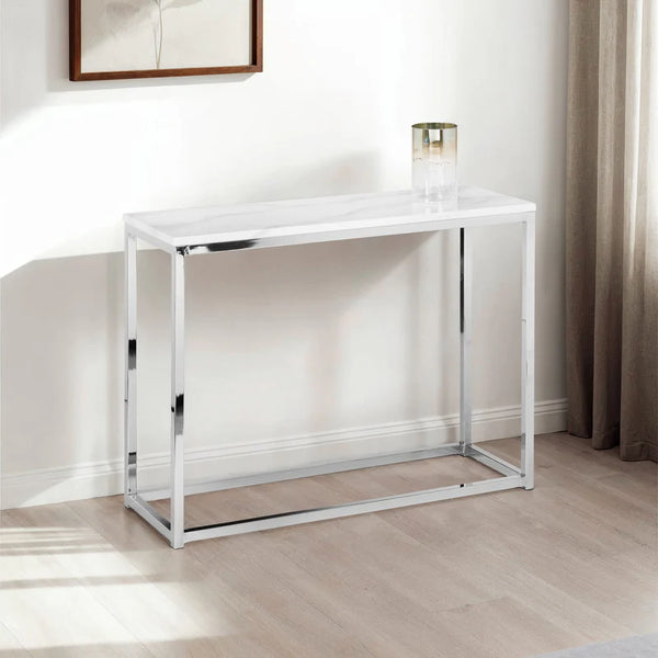 White console table with a glass top in a room setting
