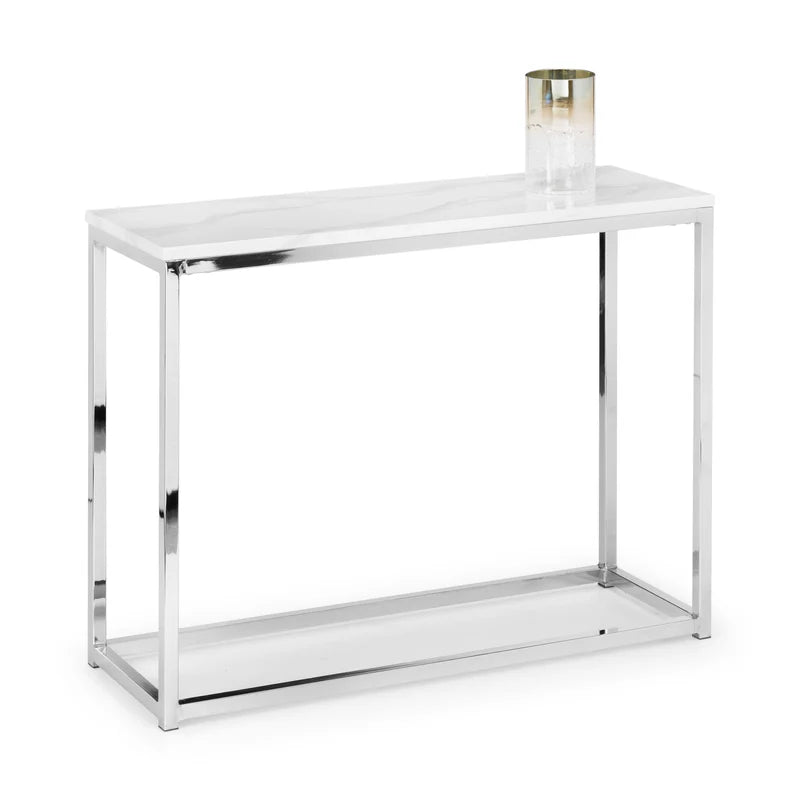 White marble console table with a glass top on a white background