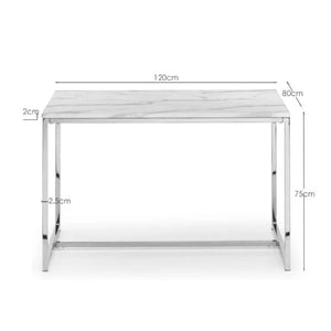 white marble dining table labelled with dimensions