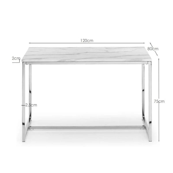 white marble dining table labelled with dimensions