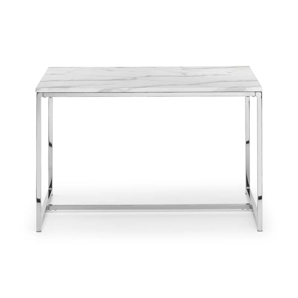white marble dining table with chrome legs on a white background