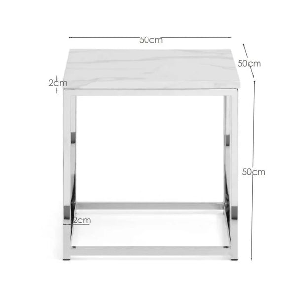 white marble lamp table labelled with dimensions
