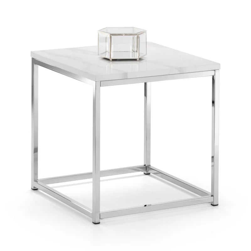 white marble lamp table with chrome legs on a white background