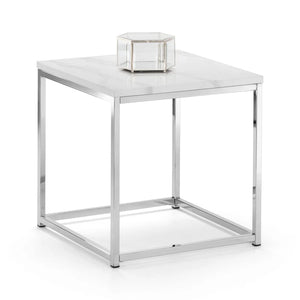 white marble lamp table with chrome legs on a white background