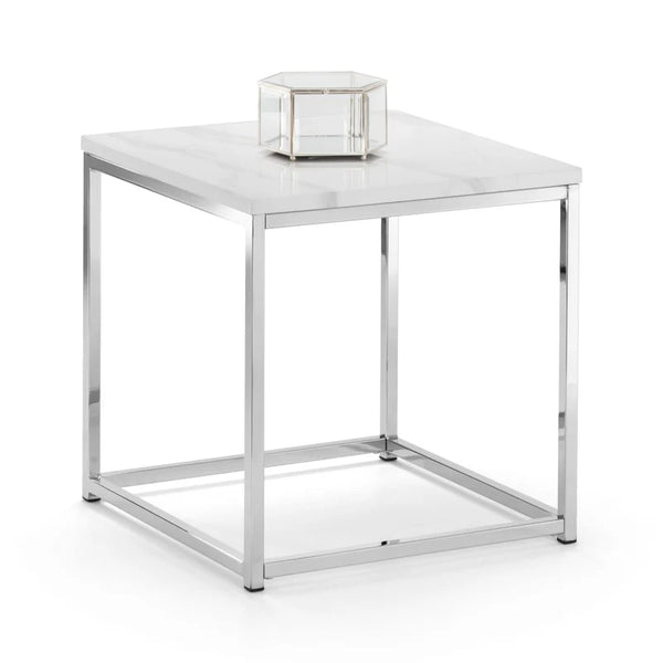 white marble lamp table with chrome legs on a white background