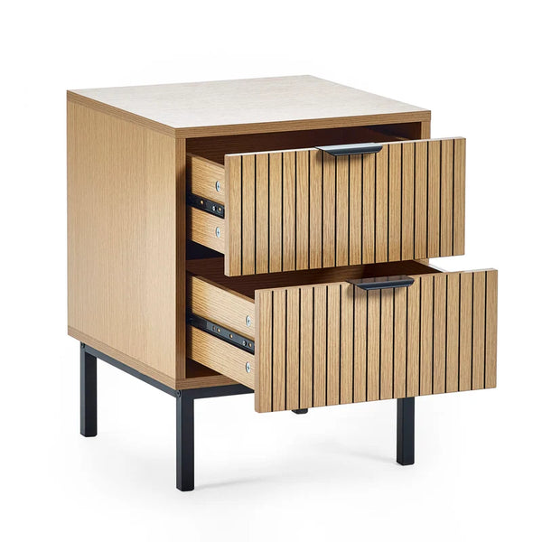 Wooden side table with two drawers on a white background