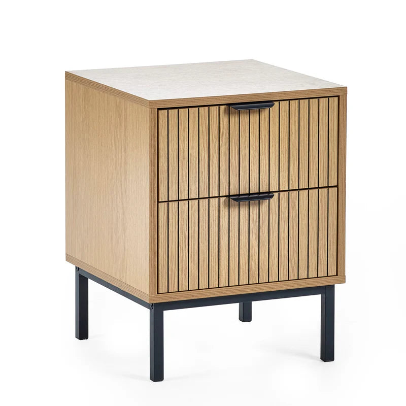 Wooden side table with two drawers on a white background
