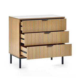 Wooden dresser with horizontal slat design on a white background