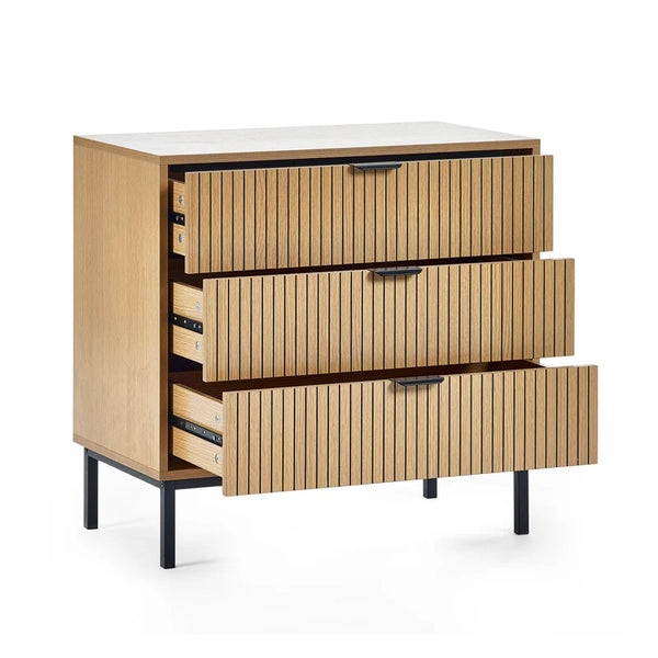 Wooden dresser with horizontal slat design on a white background