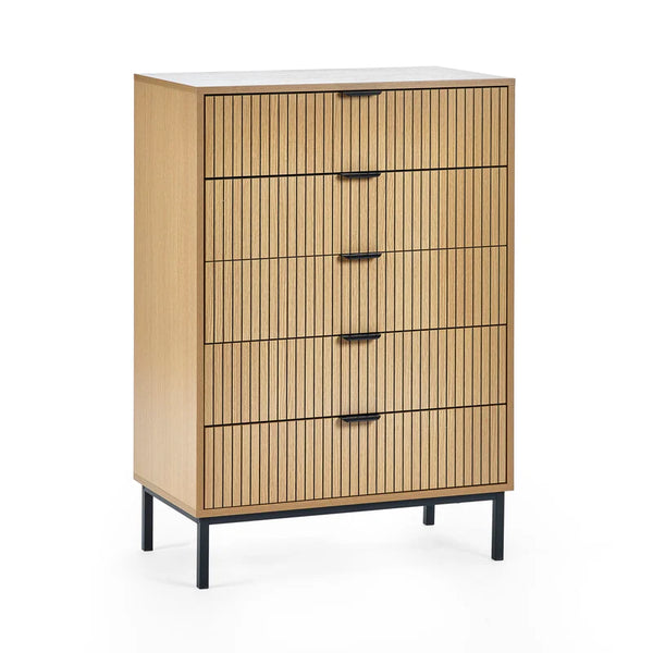 Wooden dresser with multiple drawers on a white background