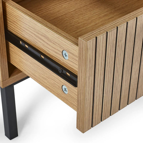 Wooden desk with a drawer and slatted design on a white background