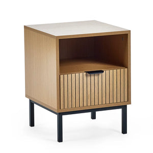 Wooden side table with a white top and black legs on a white background