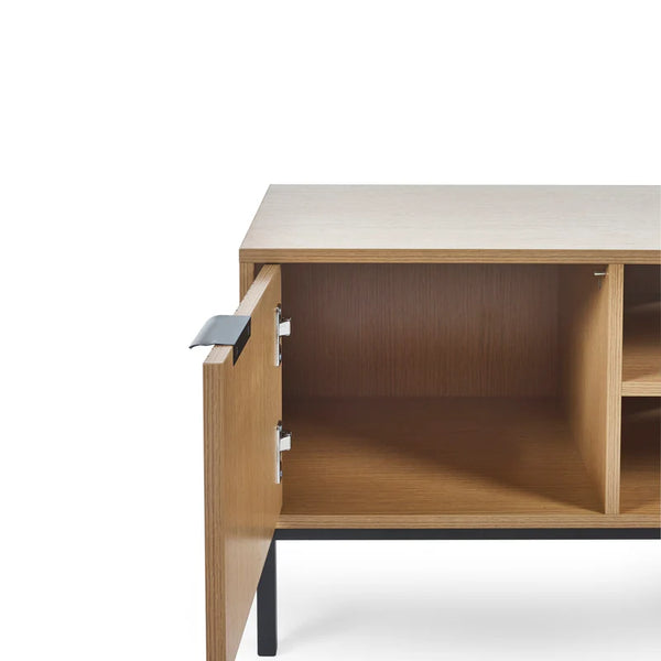 Wooden desk with an open drawer on a white background