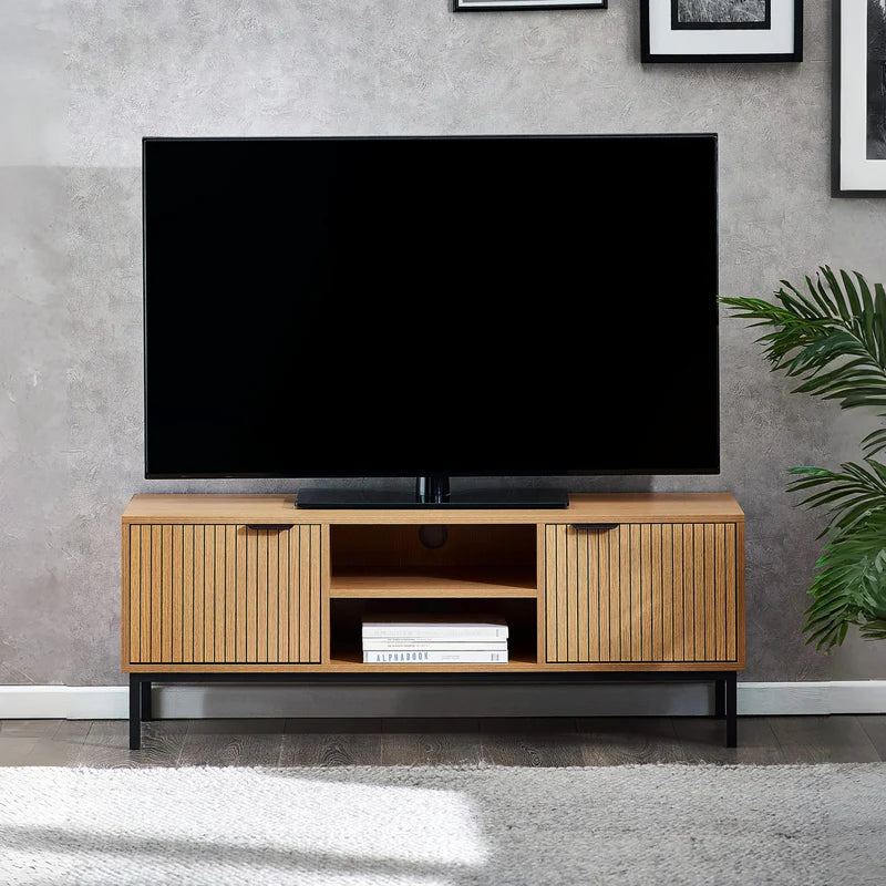 Wooden TV stand with white top on a white background