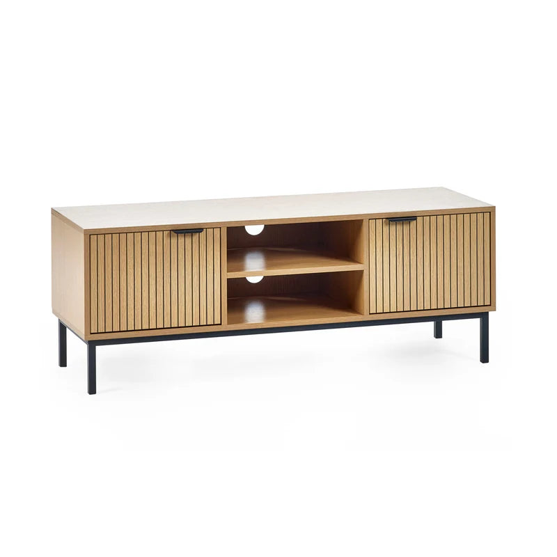 Wooden TV stand with white top on a white background