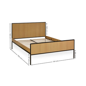Wooden bed frame with dimensions labeled on a white background
