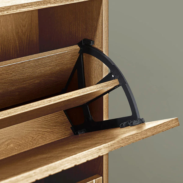 Black metal shelf bracket attached to a wooden shelf against a neutral background