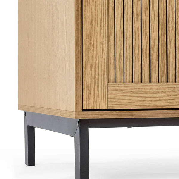 Wooden cabinet with slatted design on a white background