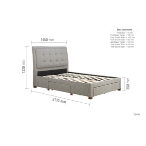 Gray upholstered bed with dimensions labeled on a white background