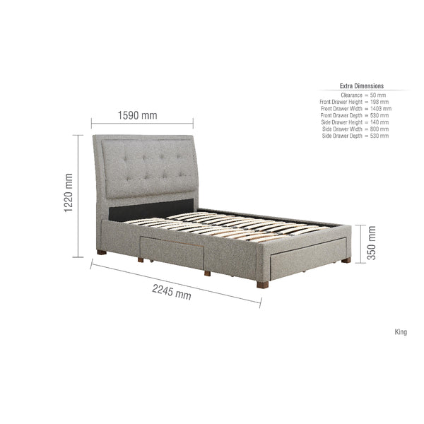 Gray upholstered bed with dimensions labeled on a white background