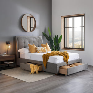 Gray upholstered bed with white mattress and yellow throw blanket in a modern bedroom.