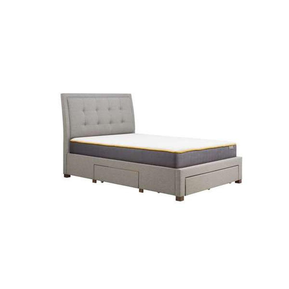 Gray upholstered bed with mattress on a white background