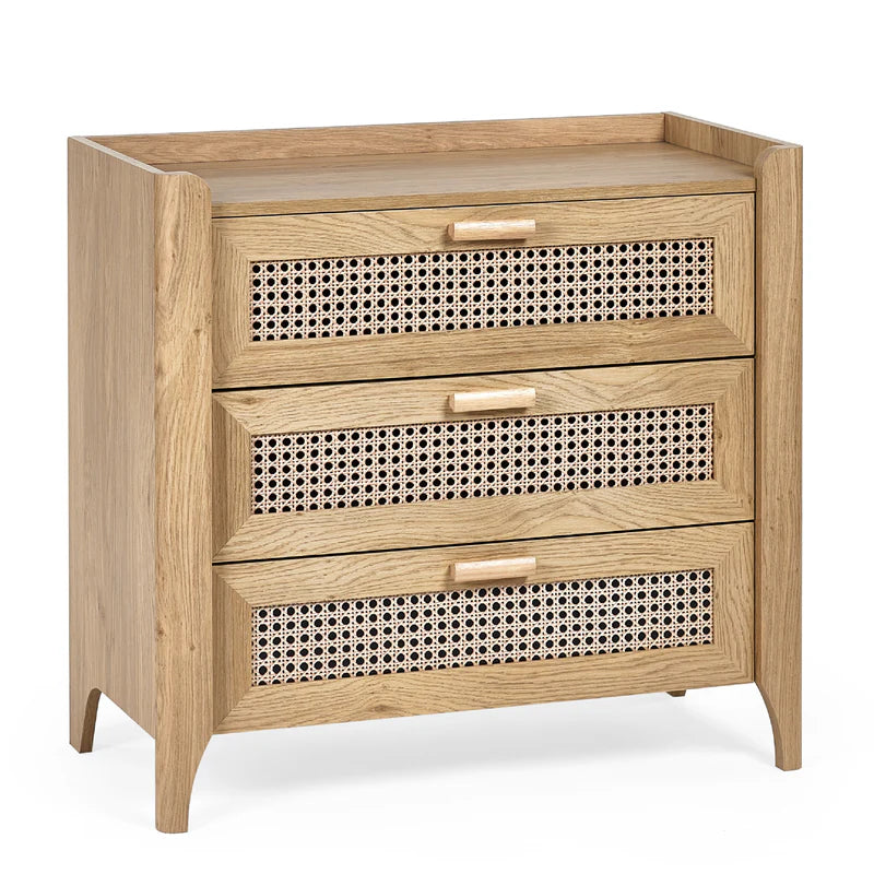 Wooden dresser with three drawers featuring a woven pattern on a white background
