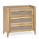 Wooden dresser with three drawers featuring a woven pattern on a white background