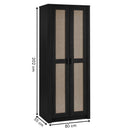 Black cabinet with wicker doors and dimensions on a white background