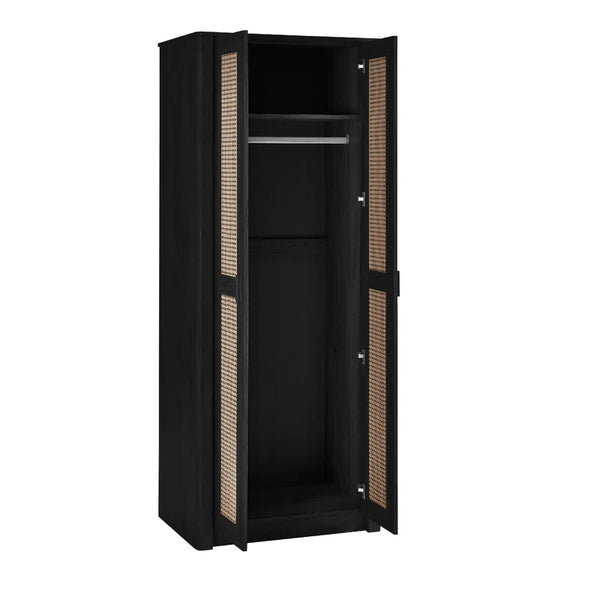 Black wardrobe with wicker accents on a white background