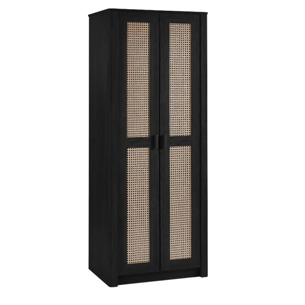Black cabinet with woven design on doors on a white background