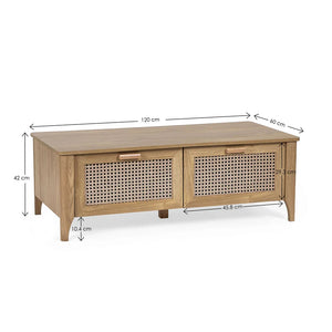 Wooden coffee table with rattan doors and dimensions on a white background