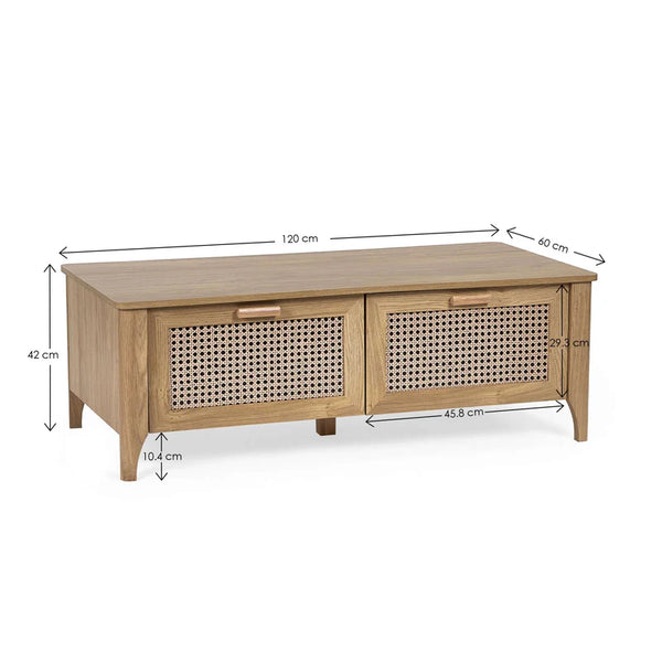 Wooden coffee table with rattan doors and dimensions on a white background
