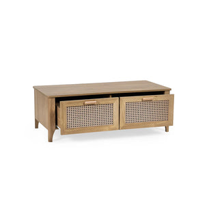 rattan coffee table with open drawers