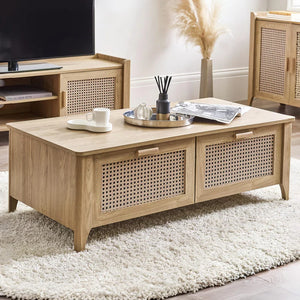 Wooden coffee table with woven design in a living room setting