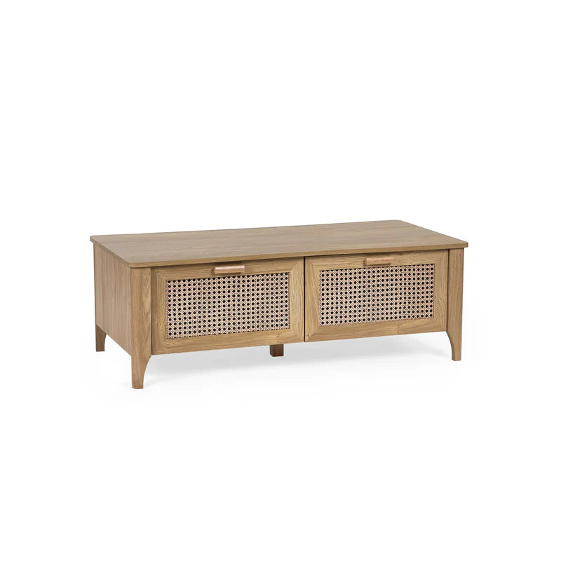 Wooden coffee table with rattan doors on a white background