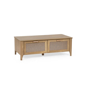 Wooden coffee table with rattan doors on a white background