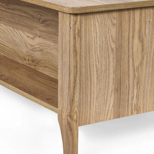 Wooden desk corner with a light finish on a white background