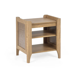 Wooden side table with woven design on a white background