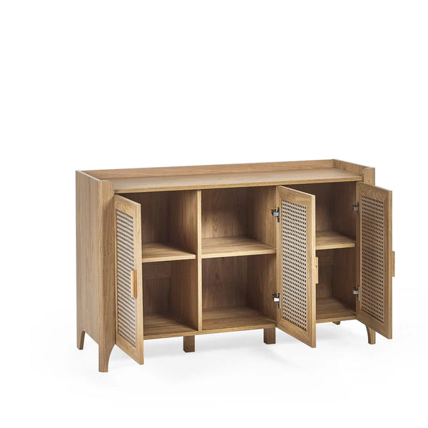 Wooden cabinet with open doors on a white background
